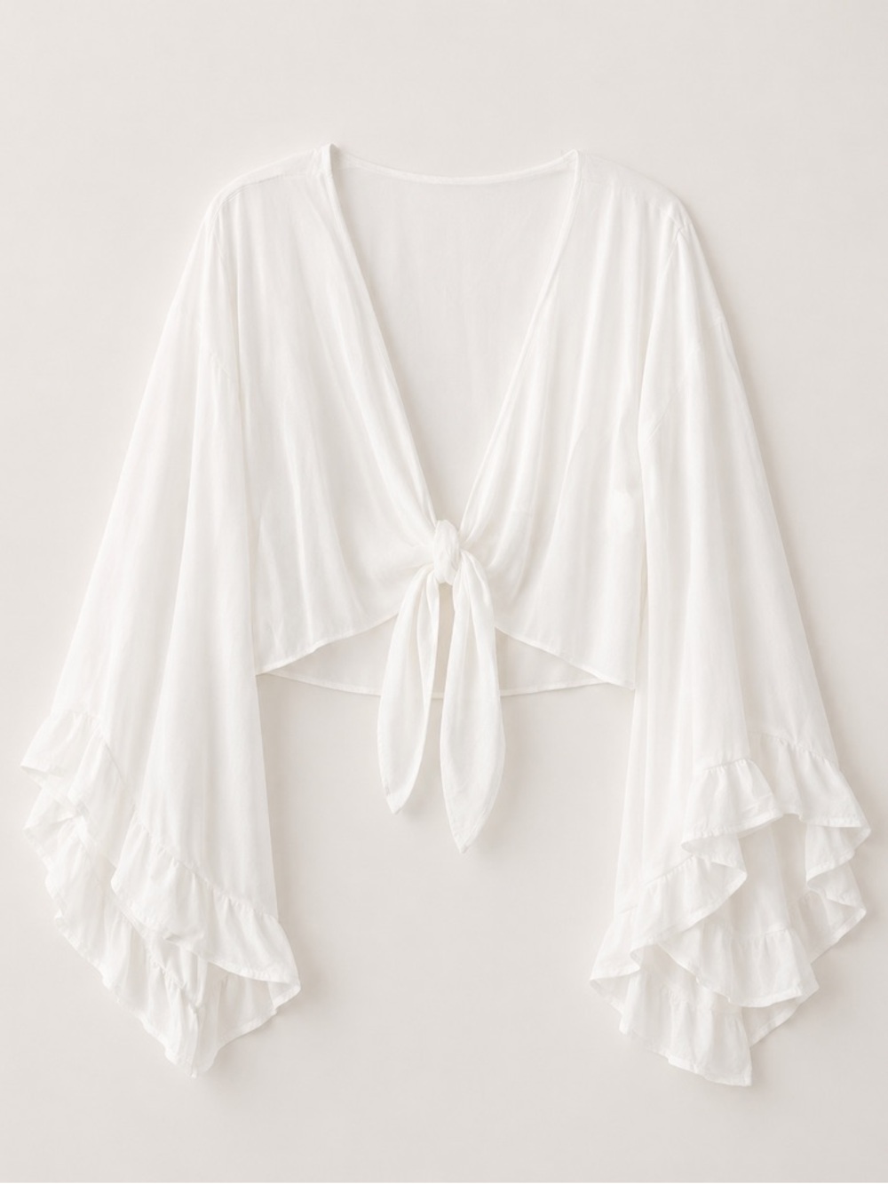 NWOT SHEIN White Ruffle Trim Flounce Bell Sleeve Tie Front Crop Top
